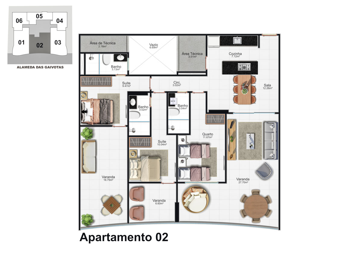 Planta humanizada Coluna 02 do Edifício Kairós