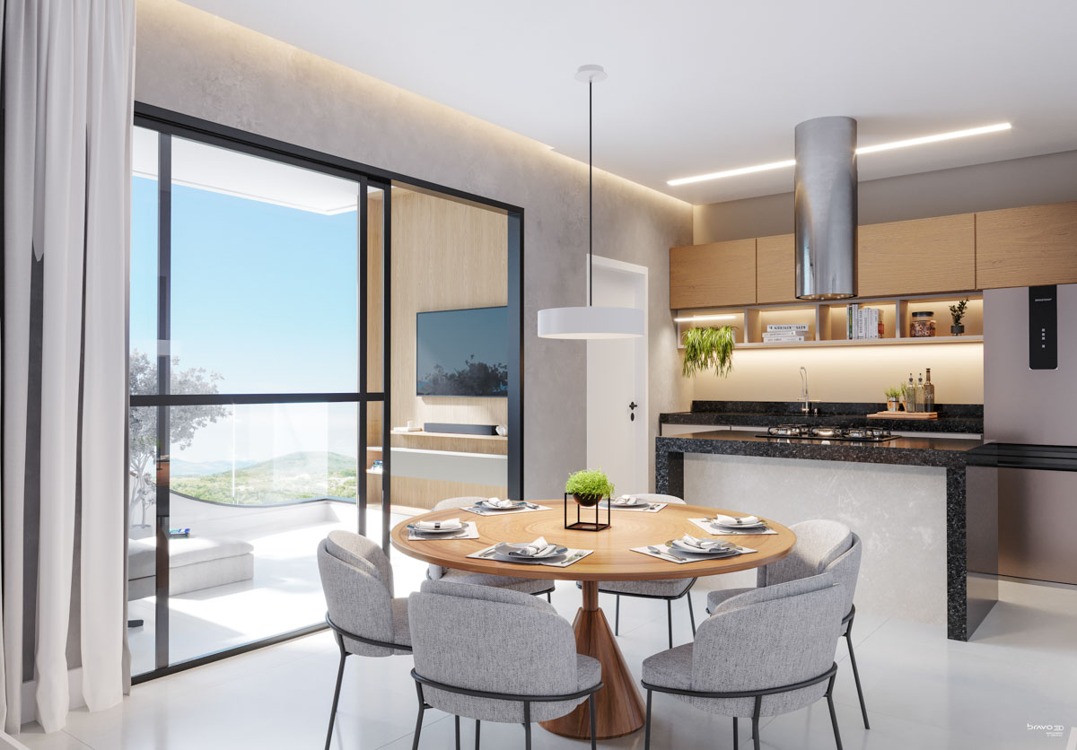 Sala, cozinha e varanda integradas do Edifício Kairós