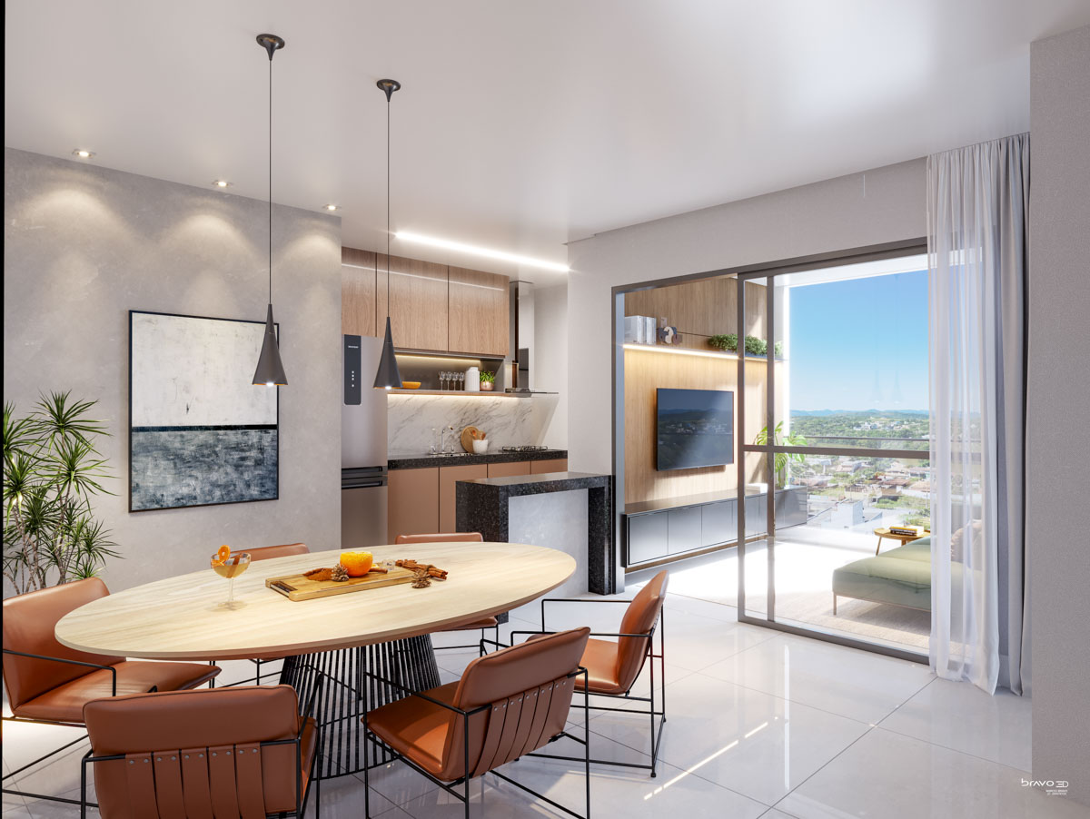 Sala, cozinha e varanda · Coluna 05 do Edifício Kairós